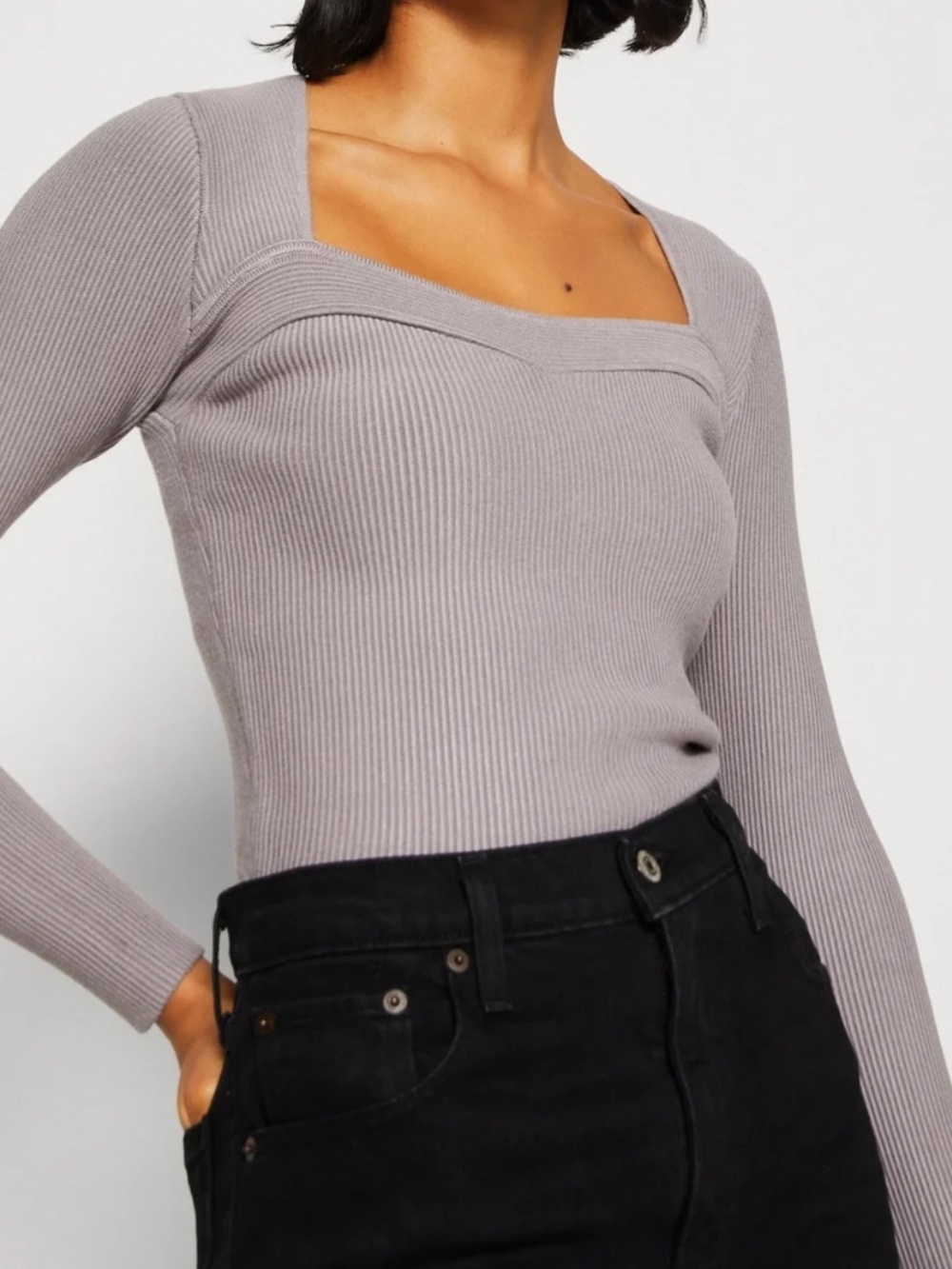 Abercrombie & Fitch Ribbed Square-Neck Long Sleeve Top Size L in stone